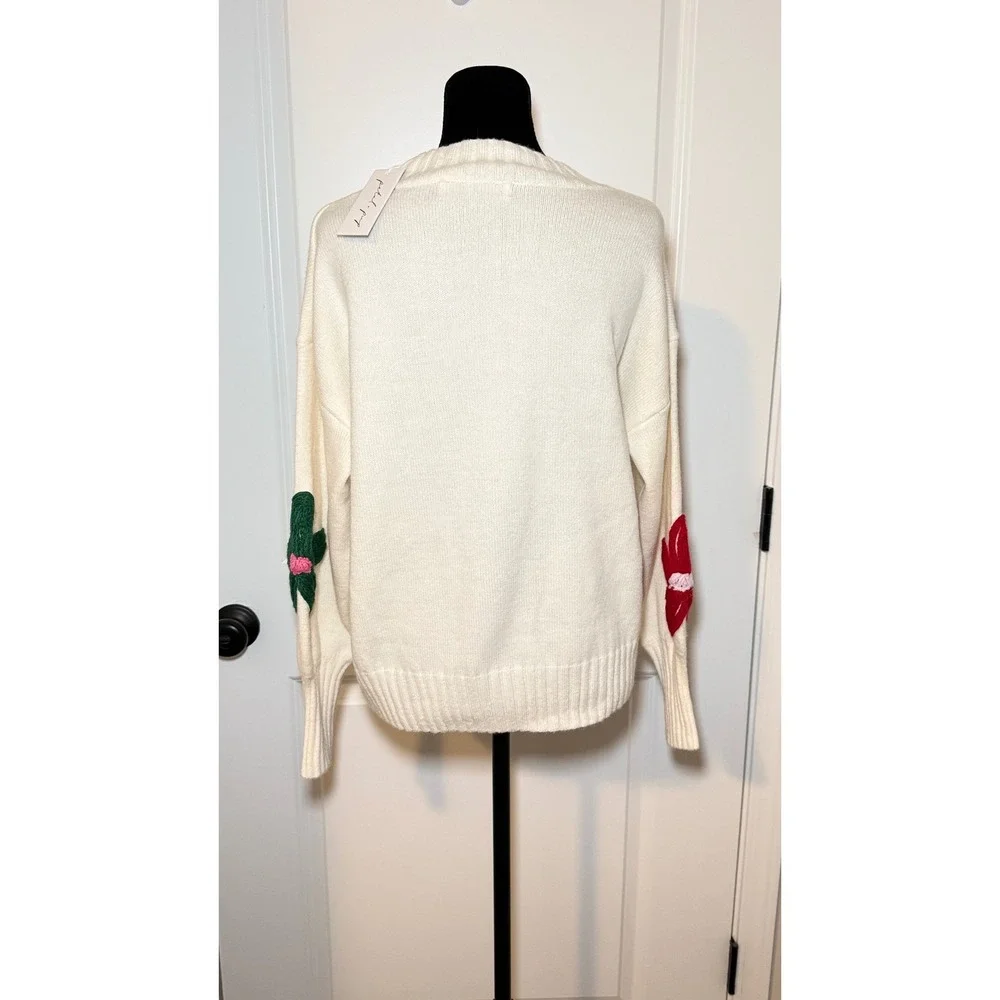 NEW! Petal + Pup Floral Applique Knit Sweater Cream Wool Blend Womens S/ M